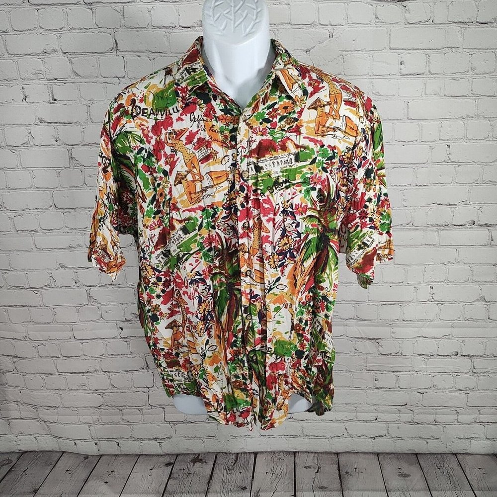 VTG Sahara Club Beachy Print Rayon Hi Low Colorful Button Up Men's Size Large